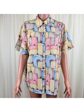 Vintage Kathy Che Color Block Button Front Blouse Top Womens Size 14 Retro
